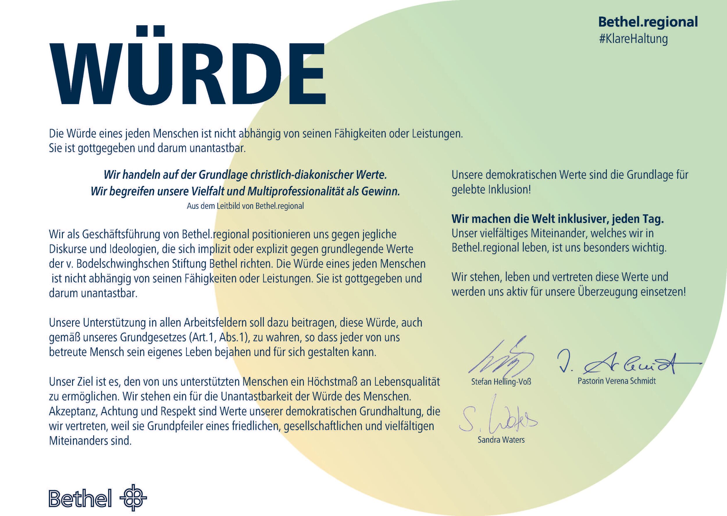 Hier ist ein Foto des Statements der Geschäftsführung Bethel.regional im Rahmen der Kampagne #KlareHaltung hinterlegt.